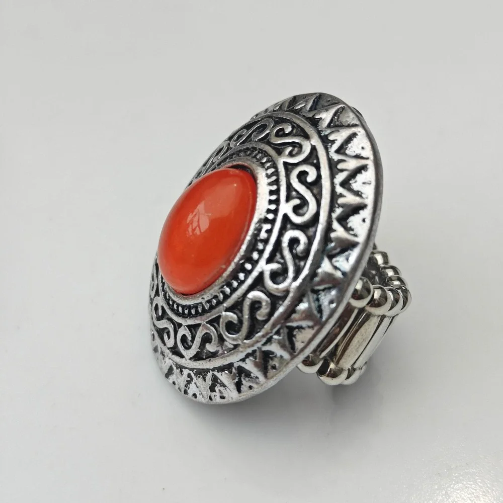Paparazzi Red Orange Stone Silver Tone Ring Large Oval Stretch Statement